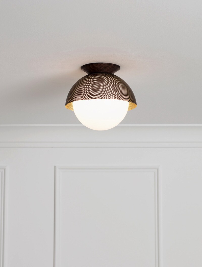 Flush Dome 10" Perforated shown in Blackened Brass, Black Walnut, Opal Globe